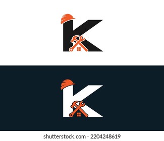 Letter K Construction Cap und Home Repair Logo Design. Hüttenhelm und Gebäudesanierung Hard Hat Protection Vektorsymbol.