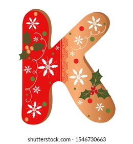 Letter K cookie alphabet vector with Christmas flowers and snowflakes. Illustration Cookie