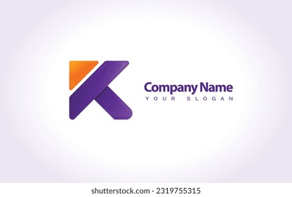 Letra k creativo 3d color púrpura y naranja logotipo de negocios moderno. Vector de diseño de logotipo K de letras corporativas. Plantilla de vector de logotipo K de letras coloridas. Logo de la letra K para tecnología