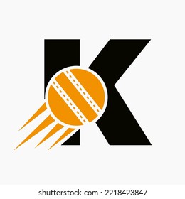 Letter K Cricket Logo Concept With Moving Cricket Ball Icon. Cricket Sports Logotype Symbol Vector Template