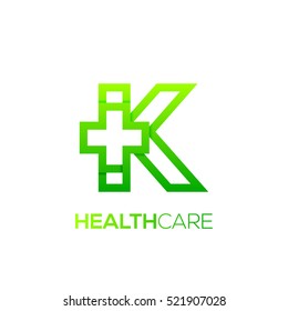 Letter K cross plus logo Green color,Medical healthcare hospital Logotype