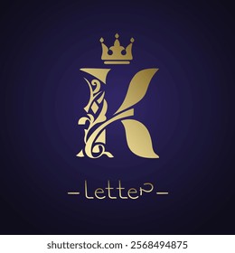 Letter K with crown and intricate floral elements. Artistic creativity logo design. Graceful gold royal style against a deep dark background. Perfect for branding, business card. Vector illustration