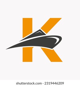 Letter K Cruise Ship Logo Boat Icon. Yacht Symbol, Marine Logotype Vector Template