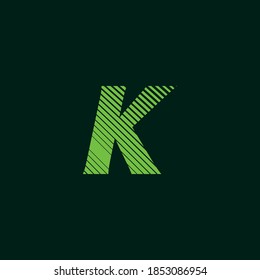 letter K cursive texture in green color with slanted lines, speed and movement