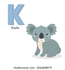 Letter K and a cute cartoon koala. Children's English alphabet. It is suitable for the design of postcards, books, leaflets, banners, birthday invitations. Colorful vector illustration