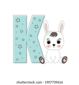 Letter K and a cute cartoon rabbit. Perfect for greeting cards, party invitations, posters, stickers, pin, scrapbooking, icons. Fashion style