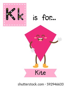 Letter K cute children colorful geometric shapes alphabet tracing flashcard of Kite for kids learning English vocabulary.