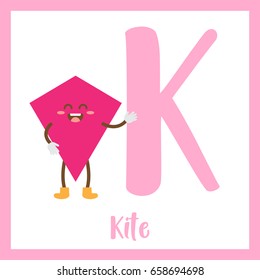Letter K cute children colorful geometric shapes alphabet flashcard of Kite for kids learning English vocabulary.