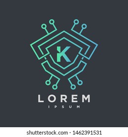 Letter K Cyber, Security, technology link Logo Design Vector Template. gradient blue color
