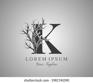 Letter K With Dead Tree Design Logo Icon. Creative Alphabetical Creepy Dry Tree Brach Nature Logo Template.