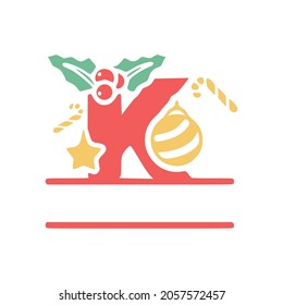 The letter K is decorated with mistletoe and Christmas elements, personalized monogram, vector logo, emblems or initial design.