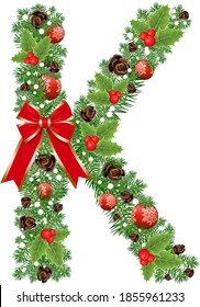 Letter K with decoration for Christmas design and New Year with spruce tree and holly red berries. Creative initial K letter vector. Creative Design vector Font for Title, Header, Lettering, Logo