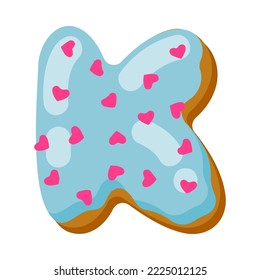 Letra k en la ilustración vectorial de tipo donut. Diseño de letra alfabética de donut de chocolate o galleta con hielo. Comida, postre, concepto tipográfico para panadería o café