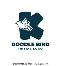 letter K doodle bird initial vector logo design illustration