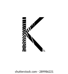 Letter K double exposure with black palm leaf  isolated. Vector illustration.Black and white double exposure silhouette letters combined with photograph of nature. 
