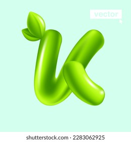 Letter K eco logo with green leaves. 3D realistic and cartoon balloon style. Glossy vector illustration. Perfect for agriculture banners, vibrant adv, waste recycling art, healthy food packaging.