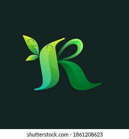 Letter K ecology logo with green leaves and dew drops. Vector icon perfect for agriculture labels, eco friendly food emblem, landscape posters and garden identity, etc.