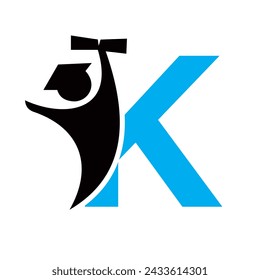 Letter K Education Logo Design. Graduation Symbol With Human Holding Graduation Paper Icon