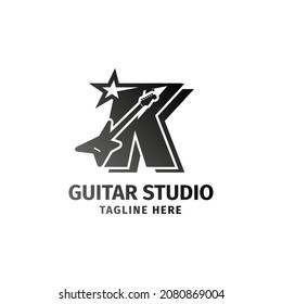 letter K electric guitar and star decoration vector logo design element