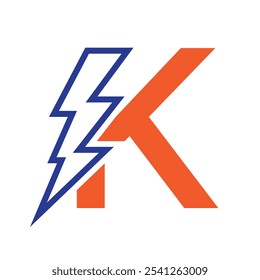 Buchstabe K für elektrische Logo-Kombination mit Blitz-Donnerbolzen-Symbol. Power Logo Design