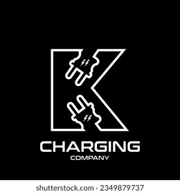 Letter K Electric Plug vector logo template. Technology background. This alphabet is suitable for energy, power, cable, wire, electrical, device, connect.