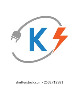 Letter K Electrical Logo Concept With Electric Plug and Power Symbol. Electric Logo Design