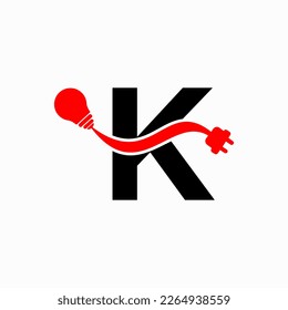 Letra K Concepto de logotipo eléctrico o eléctrico con icono de enchufe eléctrico y bombilla