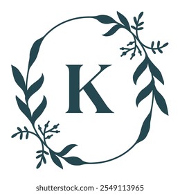 Letter K In Elegant Floral Oval Frame. Leafy Christmas Wreath. Vector  Illustration Isolated On White Background.