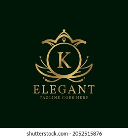 letter K elegant leaves and crown crest vector logo design