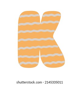 Letter K of English alphabet, doodle style decorated with simple abstract pattern vector illustration, cute funny decorative handwriting abc, handwritten font letters, lettering