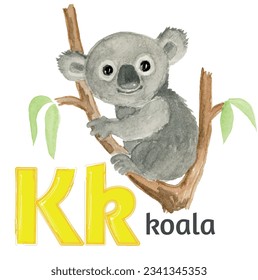 Letter k of the English alphabet with the image of a jellyfishin watercolor on a white background.