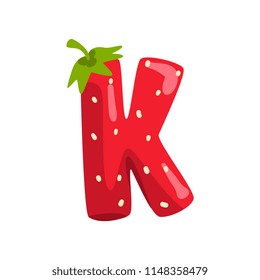 Letter K of English alphabet made from ripe fresh srawberry, bright red berry font vector Illustration on a white background