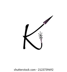Letter K of English. Latin alphabet letter decorated with feathers and arrows, monogram vector illustration in simple boho style, indian flat decorative inscription