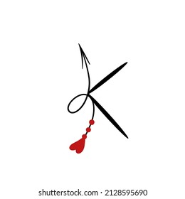 Letter K of English. Latin alphabet letter decorated with hearts and arrows vector illustration. Kids flat alphabet vector set - Love spring font - letters.