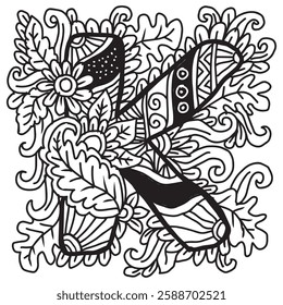 Letter K in ethnic style. Hand drawn vector illustration for coloring book.