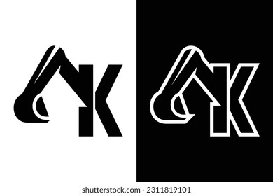 letter K with excavator concept black and white color, suitable for symbol, logo, company name, brand name, personal name, icon, identity and etc.