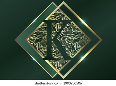 Letter K. Exclusive elite design of labels, badges, frames, logo, packaging. Gold monogram ornament on a green background. Great for
perfumery, soap, lotions.