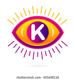 Letter K with eye icon on white. Vector eye care logo template.