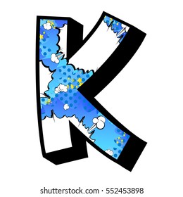 Letter K filled with comic book explosion, background.