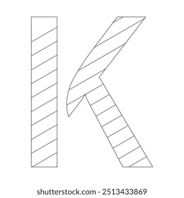 Letter K filled with diagonal stripes running from the top left to the bottom right corner. Kindergarten letter worksheets, coloring the letter K, with various colors as you wish.
