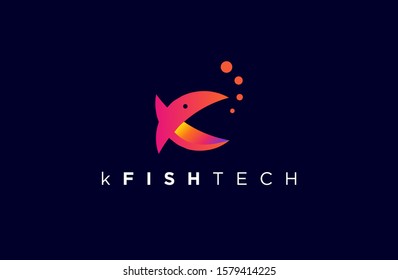 Letter K fish logo technology design template. dark blue, blue and orange gradient Color round creative sign. Universal vector icon. Digital Concepts, Connections and Networks Icons.