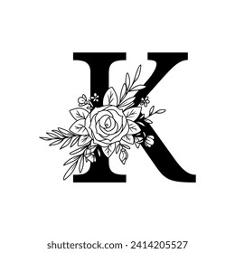 Letter K  floral decorative. Alphabet with flower and leaves ornament.