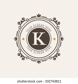 The letter K. Flourishes calligraphic monogram emblem template. Luxury elegant frame ornament line logo design vector illustration. Example designs for Cafe, Hotel, Jewelry, Fashion, Restaurant