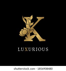 letter K flower leaves decoration for wedding, beauty care logo, personal branding identity, make up artist or any other royal brand and company. luxurious gold and silver color sample in dummy text