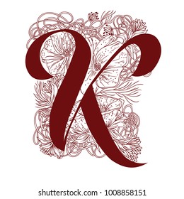  Letter K with flowers. Hand drawn vector illustration.