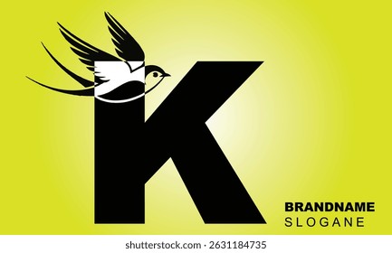 Letter K Flying Bird Logo Template Vector Sign. Dove Bird Logo on Letter B Concept