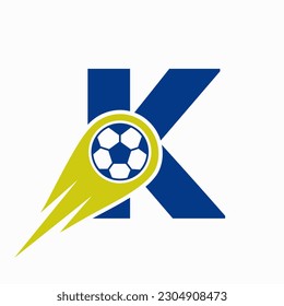 Letter K Football Logo Concept With Moving Football Icon. Soccer Logo Template