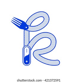 Letter K with fork in minimal outline design. Vector logo illustration for your application or restaurant