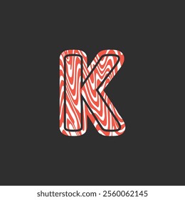 Letter K from fresh raw meat fish. Vector latin meat alphabet. Red meat salmon font for restaurants, butcher shop, farmers market, Salmon fillet marble texture, fish pattern. 