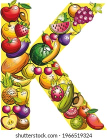 letter  K. Fruit letters. Collage of colored fruits and vegetables on the letter of the alphabet